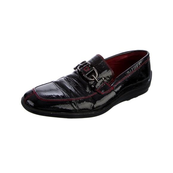 Donald Pliner Horsebit Black Loafers Men’s Patent Leather Red Topstitch Sz 8D - Picture 1 of 6